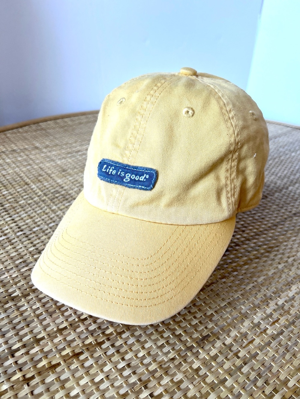 Life is Good Butter Yellow baseball hat cap Blue embroidered logo OS Unisex